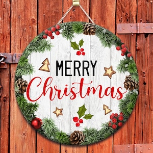 Merry Christmas Round Door Hanger PNG, Wood Door Hanger Sublimation Design, Round Sign PNG, Digital Download