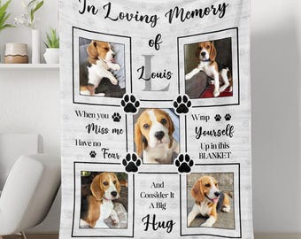 May include: A white memorial blanket with paw prints and the text "In Loving Memory of Louis" and "When you Miss me Have no Fear Wrap Yourself Up in this BLANKET And Consider It A Big Hug". The blanket features four photos of a beagle dog.