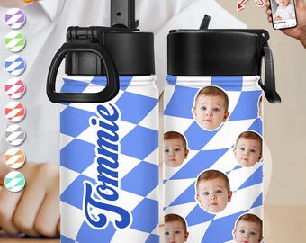 Bottiglia per bambini con nome e colore - Borraccia per il ritorno a scuola con tappo a cannuccia - Acciaio inossidabile da 12 once