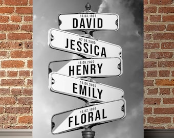 Personalized Family Names Date of Birth Vintage Street Sign Premium Canvas Street Sign Multi-names Premium Canvas Wall Art Best Gift