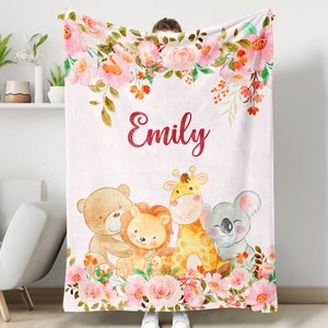 Baby Animal Pink Flowers Baby Blanket, Personalized Baby Blanket With Name, Blanket Gift For Baby, Baby Shower Gift, Newborn Baby Gift