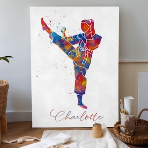 Karate Watercolor Personalized Canvas, Karate Wall Art Print, Custom Name Framed Canvas, Karate Gift for Daughter, Girlfriend