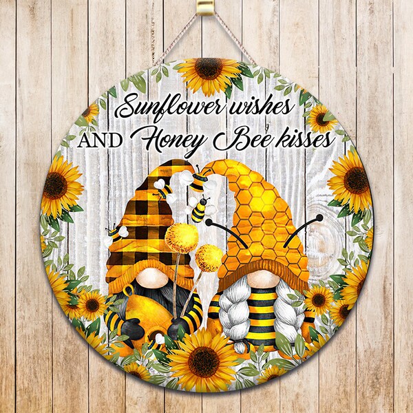 Country Sunflower Gnome Wood Box Sign - Wishes And Honey Bee Kisses Summer Wooden Block Decor For Shelf Or Wall