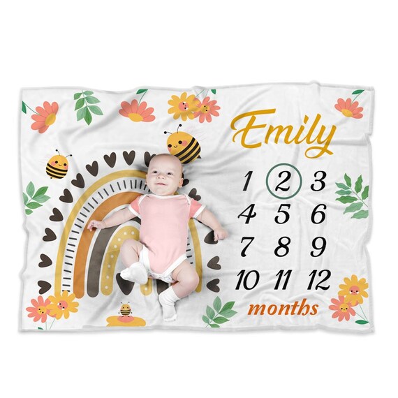 Bee Rainbow Baby Personalized Blanket, Fleece Sherpa Baby Blanket