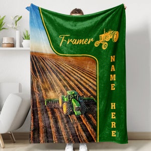 Personalized Tractor Blanket, Farm Blanket, Custom Name Soft Cozy Sherpa Fleece Throw Blankets, Gift for Grandpa, Dad, Husband, Farmer, Kid