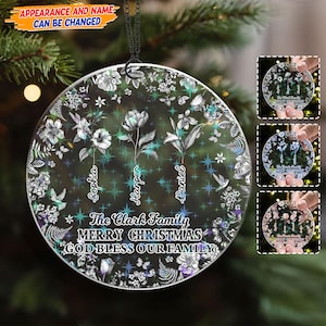 Custom Acrylic Christmas Ornament - Floral Family Name Decoration - Merry Christmas God Bless Our Family Personalized Gift