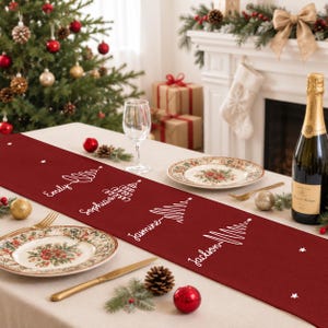 May include: A deep red table runner featuring white line-art Christmas tree graphics and the names Emily, Sophia, Jasmine, and Jackson printed in white script. The runner is decorated with small white star accents and laid on a dining table.