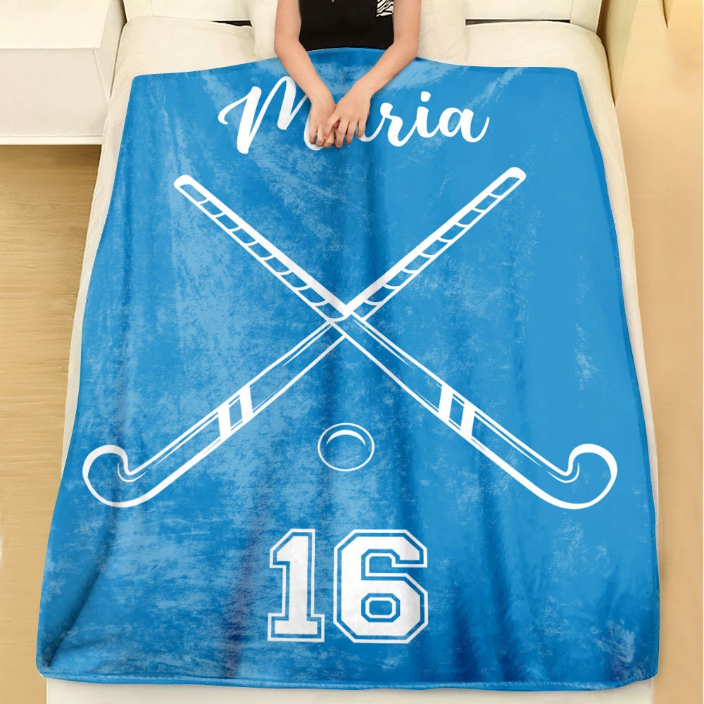 Field Hockey Personalized Blanket, Custom Name Number Soft Cozy Sherpa Fleece Throw Blanket, Sport Gift for Daughter, Son, Kid, Team, Coach