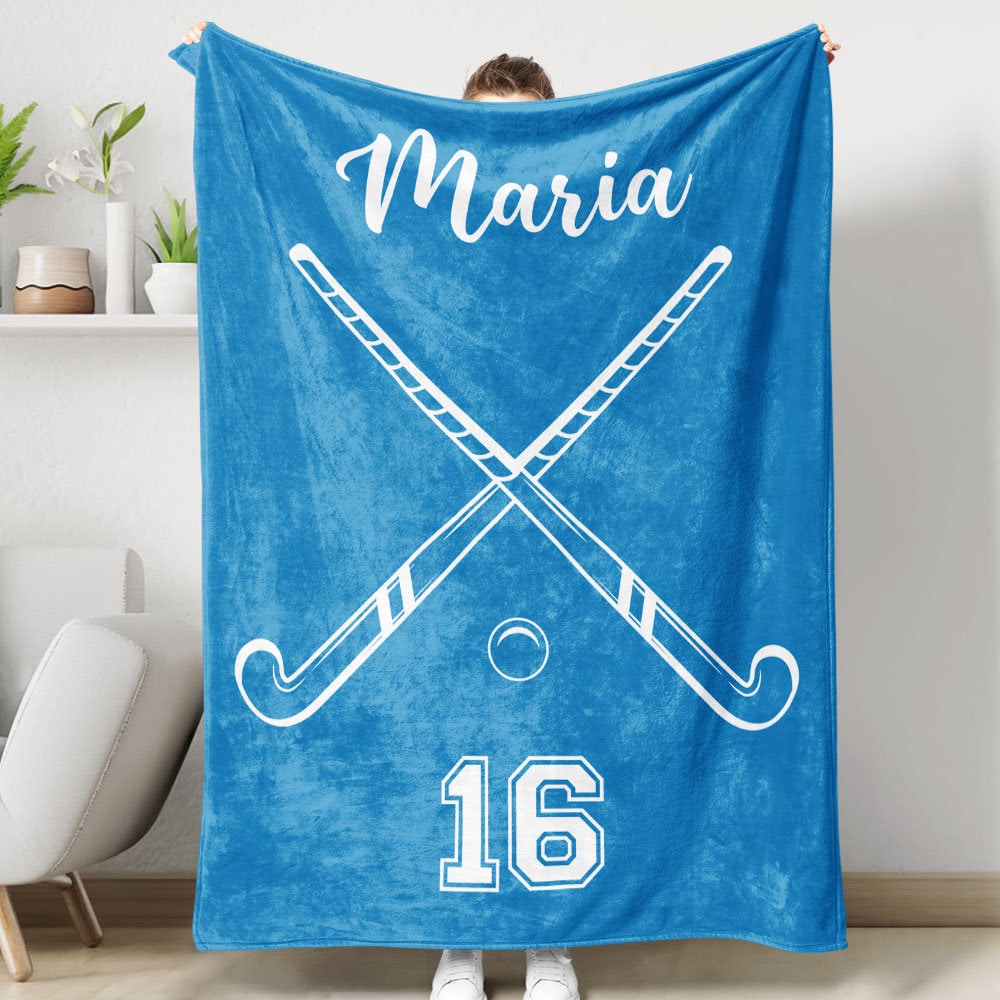 Field Hockey Personalized Blanket, Custom Name Number Soft Cozy Sherpa Fleece Throw Blanket, Sport Gift for Daughter, Son, Kid, Team, Coach