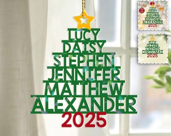 Gepersonaliseerde familiekerstboomornament met namen en jaartal, aangepaste naamornament 2025, decoratie boomdecoratie cadeau voor familie