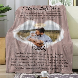 May include: A pink fleece blanket with a photo of a father and son. The blanket has the words "I Never Left You" and "Daddy" printed on it. The text reads, "I watch you every day, I am always very near. I know deep in your heart, you realize I am here. I watch you while you sleep, in your bed at home. I hear you when you speak to me, when you are on your own. You cannot understand the reason why I've gone. But I will never leave you. I am there to keep you strong. Talk to me, I hear you, though you may not see. We share an unbroken bond that will always be. Death will not keep us apart, for our love is forever. Just remember me in your heart, and one day we will be together. Live your life and live it full, Don't waste a single day. Remember I am always with you every step of the way."