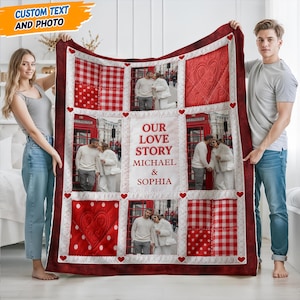 May include: A personalized red and white quilt featuring photos, hearts, and text. The quilt has a patchwork design with photos of a couple, red hearts, and the words "OUR LOVE STORY MICHAEL & SOPHIA". The top left corner has the text "CUSTOM TEXT AND PHOTO".