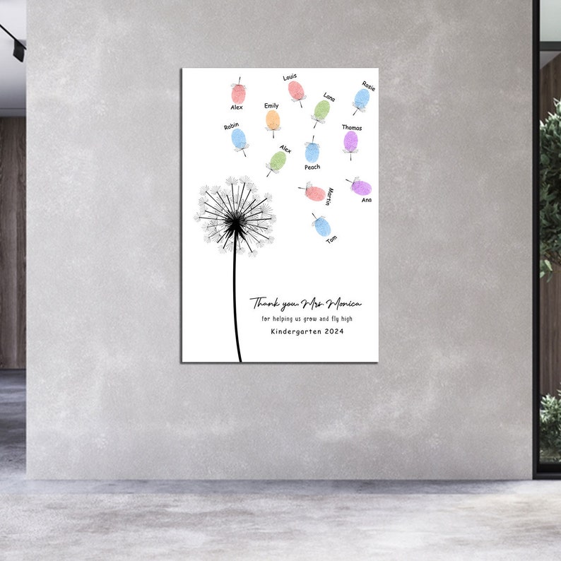 May include: A white background with a black dandelion illustration. The dandelion has colorful finger print seeds with names written on each seed. The text "Thank you Mrs. Monica for helping us grow and fly high Kindergarten 2024" is at the bottom of the image.