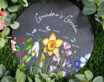 Decorazione in pietra per il giardino della nonna personalizzata con nomi per bambini, pietra per il giardino fiorito personalizzata con il mese di nascita, compleanno, regalo per la festa della mamma, mamma e nonna.