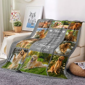 May include: A grey fleece blanket featuring a collage of photos of a golden retriever dog. The blanket includes the text "Max" and "If love alone could have kept you here, you would have lived forever. In loving memory 2019-2024".