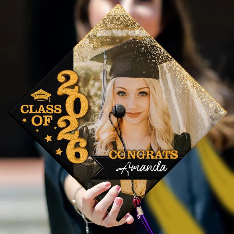 Custom Photo Graduation Cap Topper, Class of 2026 Gold Glitter - Etsy