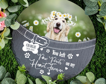 Custom Photo You Left Paw Prints On My Heart Forever,  Personalized Circle Memorial Garden Stone, Memorial Gift For Dog Lovers, Cat Lovers