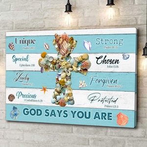 Seashell Cross God Says You Are Wall Print, Housewarming Wall Art, Gift for Friend, Faith Inspiration Art, Canvas Wall Art