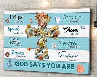 Seashell Cross God Says You Are Wall Print, Housewarming Wall Art, Gift for Friend, Faith Inspiration Art, Canvas Wall Art