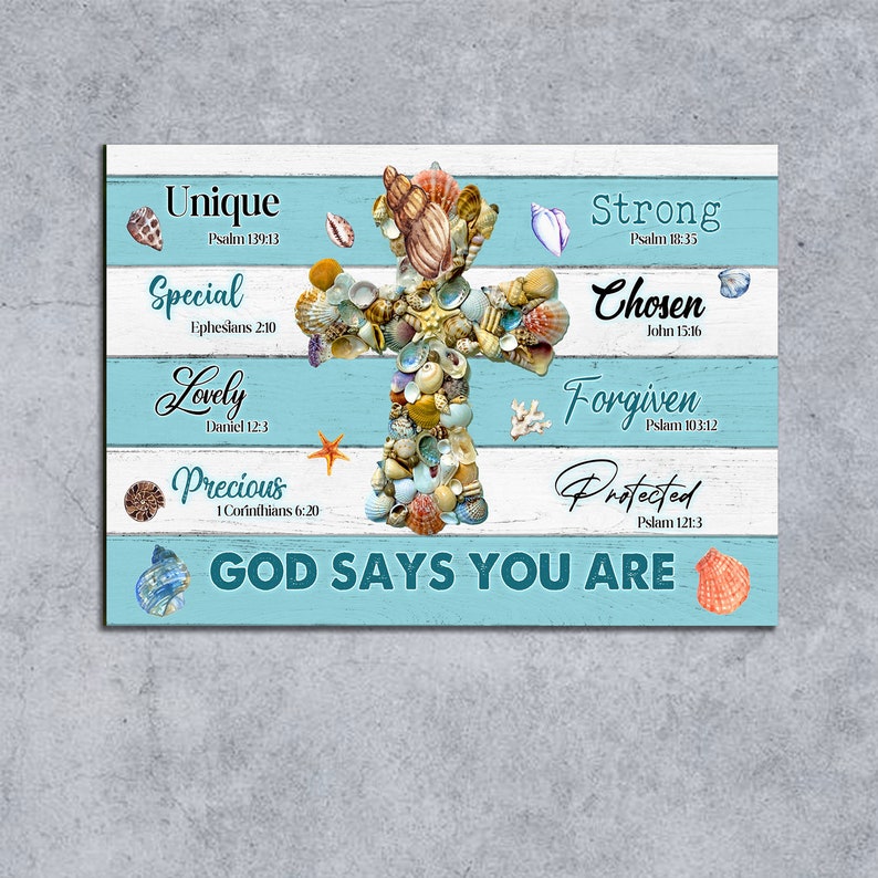 Seashell Scriptures Seashell Cross God Says You Are Wall Print, Housewarming Wall Art, Gift ...