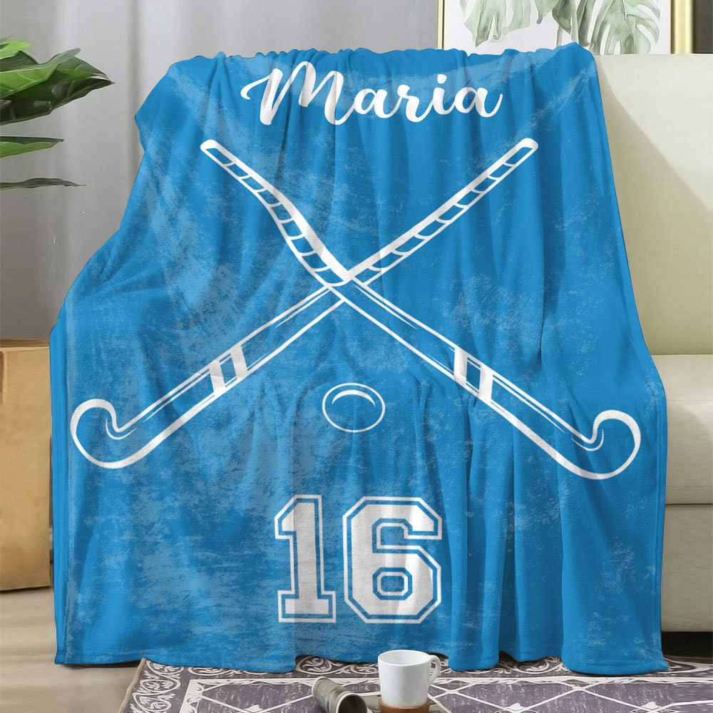 Field Hockey Personalized Blanket, Custom Name Number Soft Cozy Sherpa Fleece Throw Blanket, Sport Gift for Daughter, Son, Kid, Team, Coach