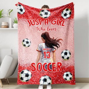 Just A Girl Who Loves Soccer Blanket, Soft Cozy Sherpa Fleece Throw Blankets for Soccer Lovers, Gift for Women, Birthday Gift