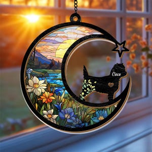 Custom Dog Memorial Suncatcher, Crescent Moon Pet Loss Gift with Flowers,Personalized Pet Ornament For Window Decor, Rescent Moon Suncatcher