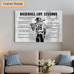 May include: A black and white illustration of a baseball player with the number 16 on their jersey. The image is on a textured background with a list of baseball life lessons.