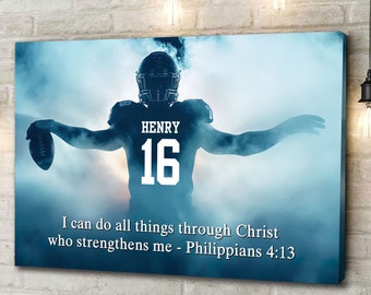 Christian Football Player Personalized Canvas, Wall Football Art Print, Custom Framed Canvas, Football Gift for Dad, Husband, Son