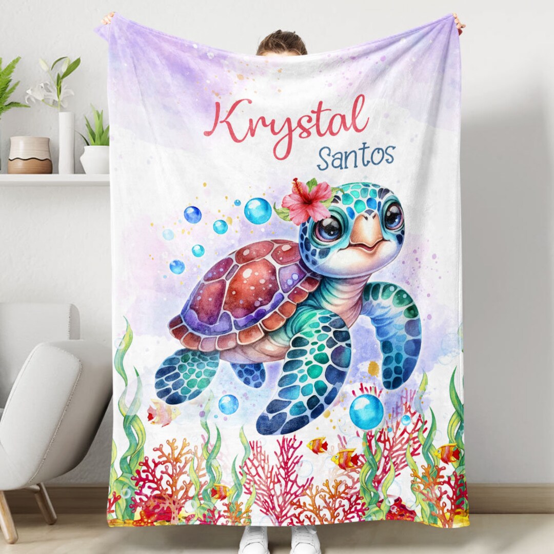 Girl Sea Turtle Baby Custom Name Blanket, Soft Cozy Sherpa Fleece Throw ...