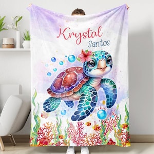 Girl Sea Turtle Baby Custom Name Blanket, Soft Cozy Sherpa Fleece Throw Blankets, Gift for Baby Girl, Birthday Gift