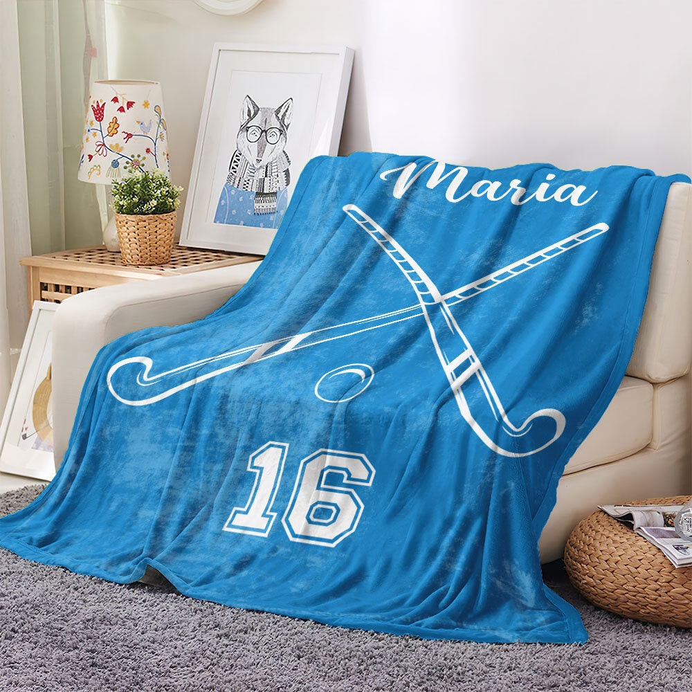 Field Hockey Personalized Blanket, Custom Name Number Soft Cozy Sherpa Fleece Throw Blanket, Sport Gift for Daughter, Son, Kid, Team, Coach