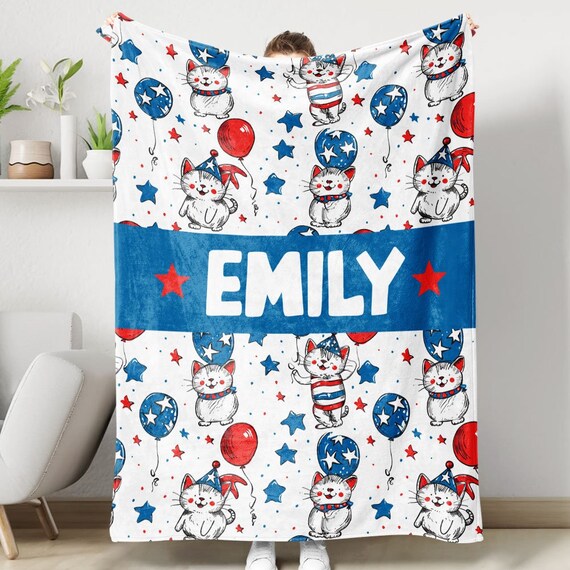 Personalized Cat 4th of July Blanket Cute Cats Blanket Custom Soft Cozy Sherpa Fleece Throw Blankets Independence Day Gift for Cat Lover Etsy