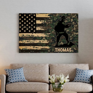 Army Personalized Canvas Print, Half Thin Green Line Wall Art, Army Gift, Army Life, Gift for Army, Patriotic American Flag Canvas Prints