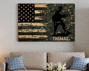 Army Personalized Canvas Print, Half Thin Green Line Wall Art, Army Gift, Army Life, Gift for Army, Patriotic American Flag Canvas Prints