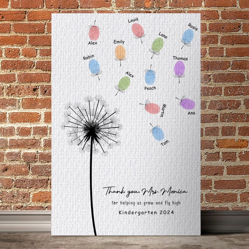 May include: A white canvas with a black dandelion illustration and colorful handprints with names around it. The text reads "Thank you Mrs. Monica for helping us grow and fly high Kindergarten 2024".
