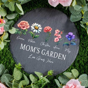 Personalized Mom&#39;s Garden Stone, Birth Month Flower Stone, Custom Mom Grandma Garden Slate, Mama Flower Slate, Gift For Mom, Garden Stone