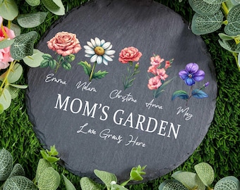 Pietra da giardino personalizzata per la mamma, pietra con fiore del mese di nascita, ardesia da giardino personalizzata per mamma e nonna, ardesia con fiore per la mamma, regalo per la mamma, pietra da giardino