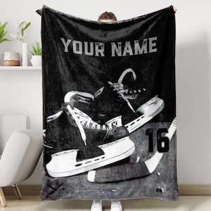 Hockey Stick & Shoes Personalized Blanket, Hockey Soft Cozy Sherpa Fleece Throw Blankets, Custom Gift for Dad, Husband, Boyfriend, Son