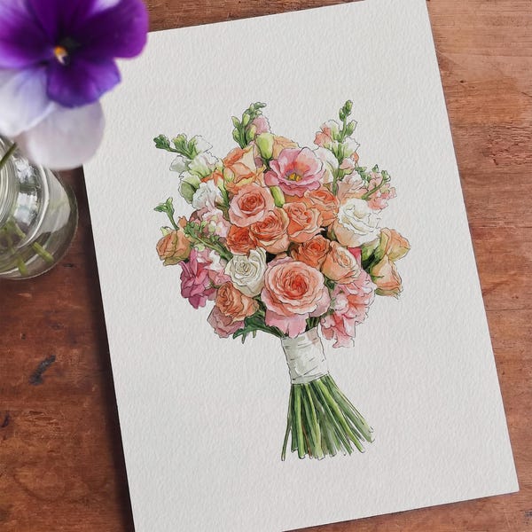 Custom Watercolor Wedding Bouquet Painting, Personalized Bridal Portrait, Paper Anniversary Gift