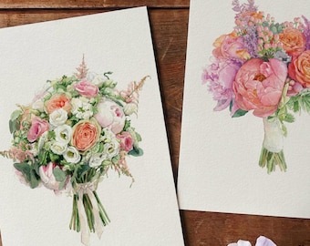 Custom Watercolor Wedding Bouquet Painting, Personalized Bridal Portrait, Paper Anniversary Gift