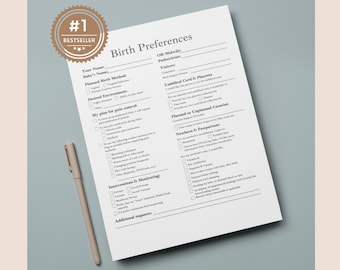 May include: A printable birth preferences checklist with sections for OB/Midwife, Pediatrician, Visitors, Umbilical Cord & Placenta, Planned or Unplanned Cesarean, Newborn & Postpartum, Interventions & Monitoring, and Additional Requests.