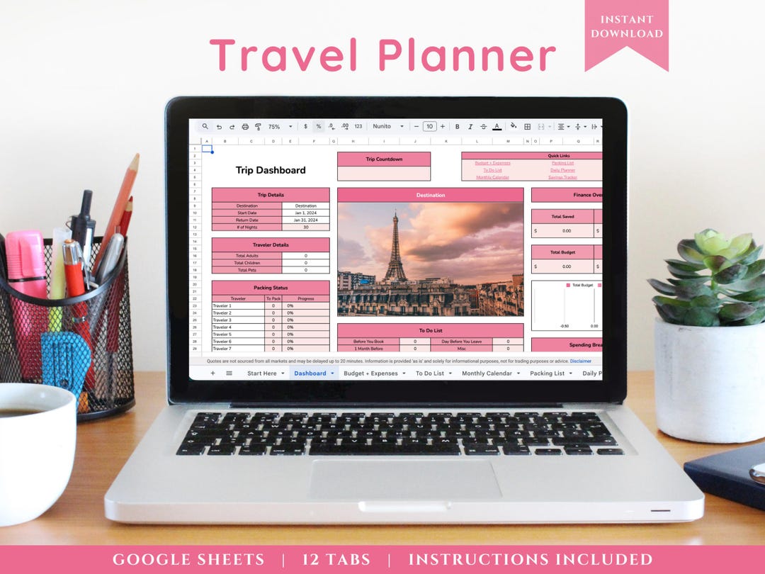 Digital Travel Planner Pink Google Sheets Trip Itinerary Template ...