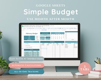 Könnte beinhalten: Ein Computermonitor zeigt eine Google Sheets Budgetvorlage mit der Aufschrift "Simple Budget". Der Bildschirm zeigt ein Budget für Februar mit Abschnitten für Einnahmen und Ausgaben. Text enthält "Easy to Use w/ Instructions", "Automatic Calculations" und "All-in-One Tracking".