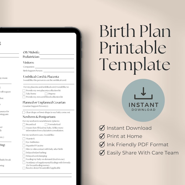 Birth Plan Template Printable for Labor and Delivery Plan Natural Birth Planner for Dula or Midwife Cesarean Birth Plan for Labor Care team