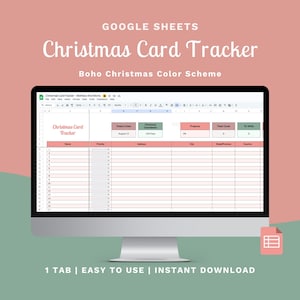 Peut inclure: Un écran d'ordinateur affiche une feuille de calcul Google Sheets pour le suivi des cartes de Noël avec un thème de couleurs Boho Christmas. La feuille de calcul comprend des champs pour le suivi des destinataires et de la progression. Le texte à l'écran indique "1 TAB | EASY TO USE | INSTANT DOWNLOAD."