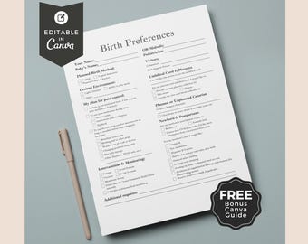 May include: A printable birth preferences checklist with sections for personal information, planned birth method, desired environment, pain control, interventions and monitoring, newborn and postpartum care, and additional requests. The checklist is in black and white with a free Canva guide at the bottom.