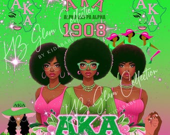 Könnte beinhalten: Digitales Kunstwerk mit drei Frauen mit Afro-Frisuren, die rosa und grüne Outfits und Schmuck tragen. Das Bild enthält den Text "AKA Collection Alpha Kappa Alpha 1908" und "KB Glam by Kidababe". Der Hintergrund ist grün.