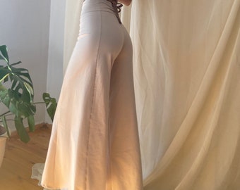 Handgemachte Baumwoll-Jersey Palazzo Hose: Umschlag Taille, Weites Bein
