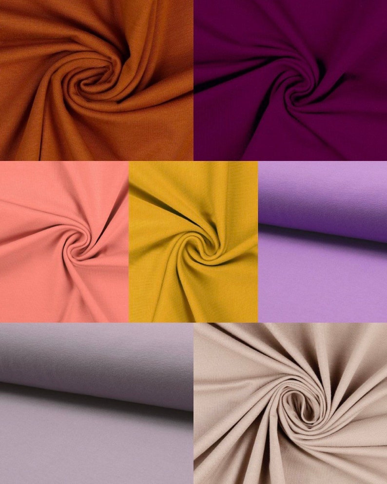 May include: A collection of six fabric swatches in different colors, including brown, purple, pink, yellow, gray, and beige. The fabric is a soft, stretchy knit material.